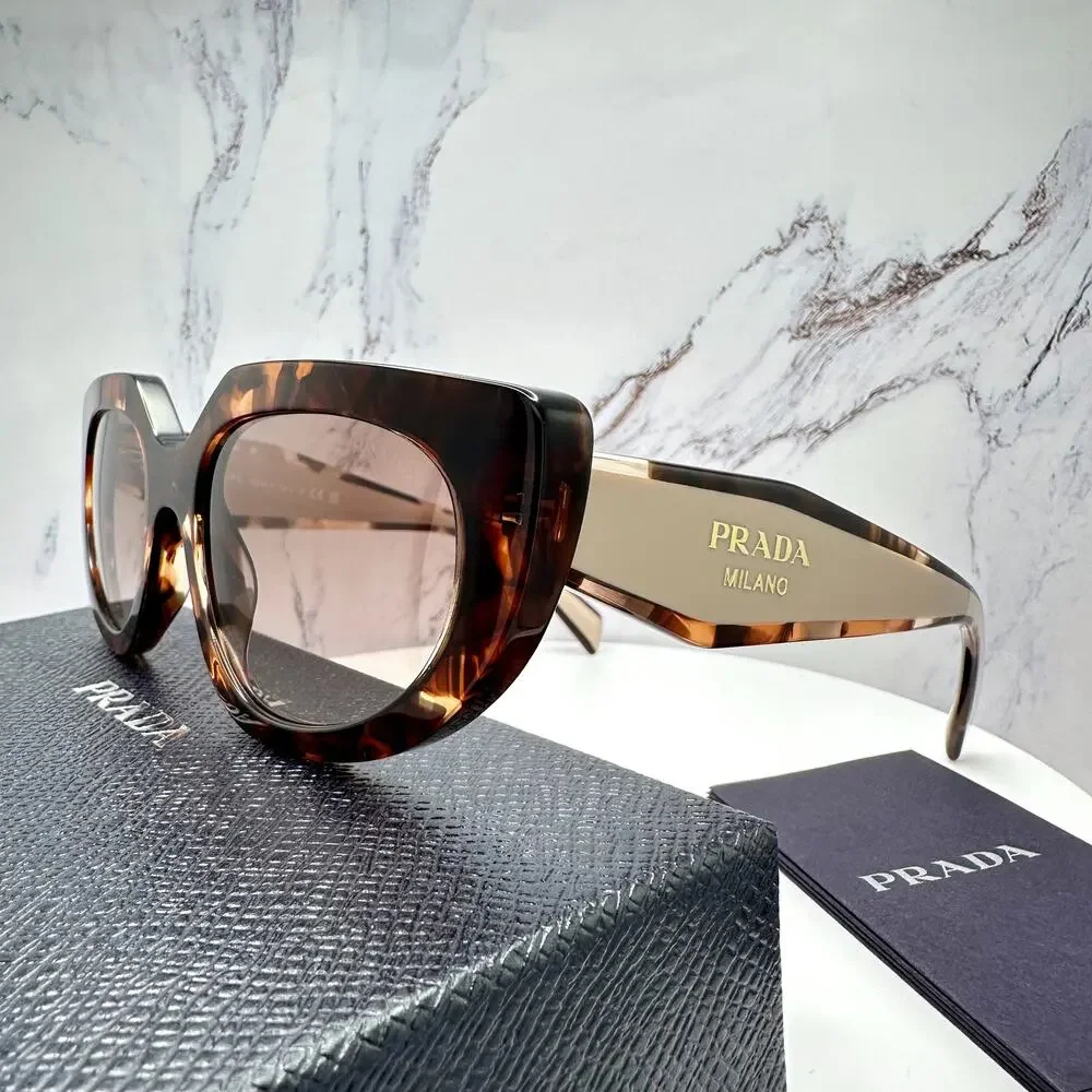 NEW PRADA Sunglasses Brown Tortoise Caramel Gold Symbole Oval Cat Eye Womens